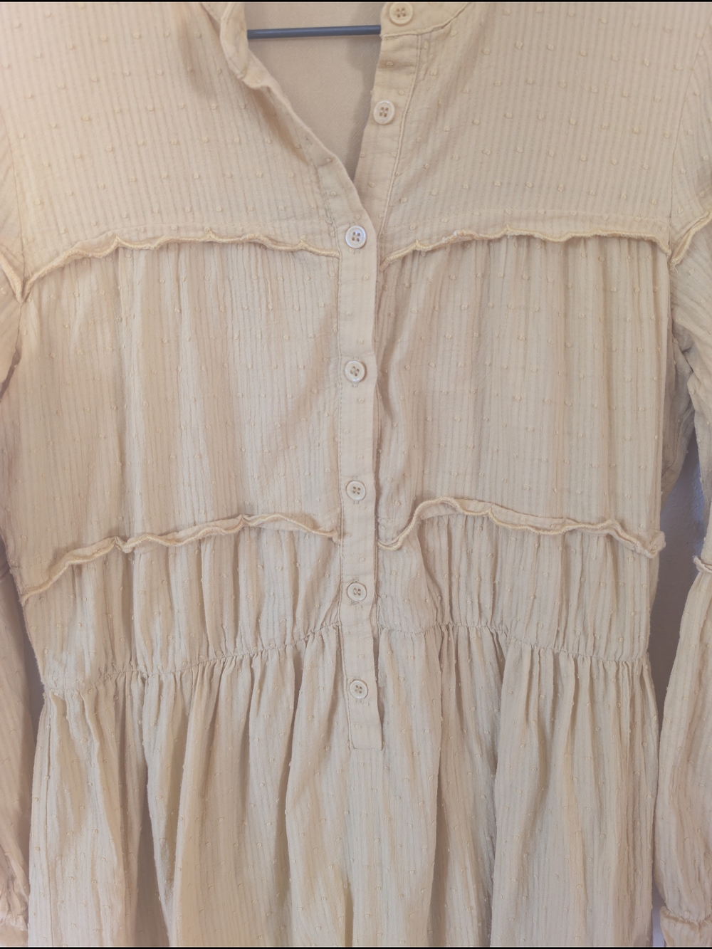 orange creek Soft Mustard Tiered Button-Front Long-Sleeve Dress M